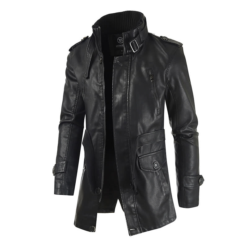 Men's Mid-length Leather Coat Stand Collar Fleece-lined Thickened view 9