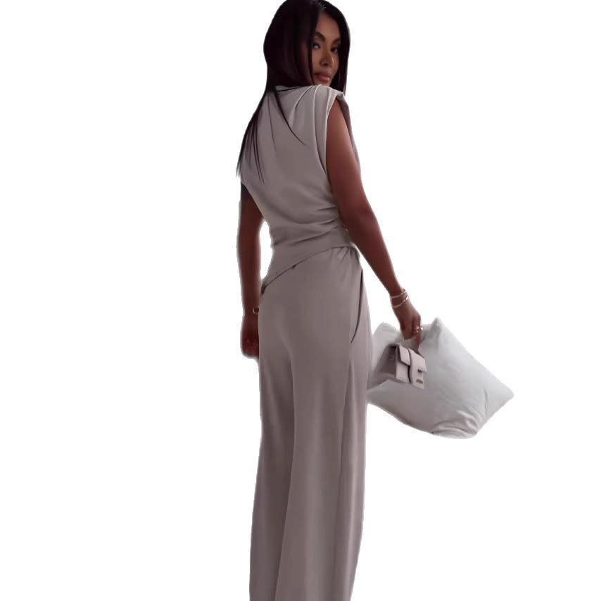 Women's Sleeveless Suit Fashion Slim Irregular Split Top And Straight Pants Solid Trouser Set view 3