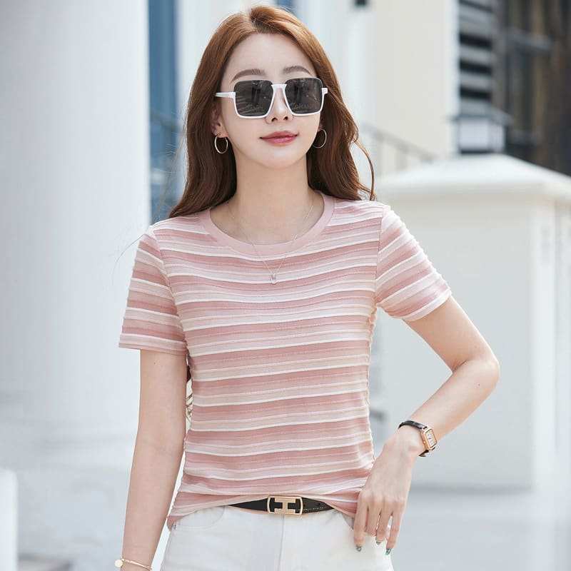 Striped Short-sleeved T-shirt Women's Korean-style White view 4