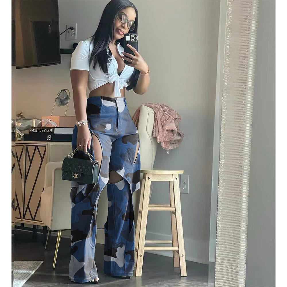 Fashion Digital HD Printing Hole Cross Straight-leg Overalls view 7