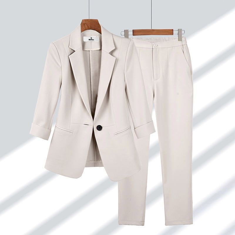 2pcs Casual Blazer Set Solid Color Lapel Single-breasted Jacket And Zipper Straight Pants Women's Office Business Suit view 6