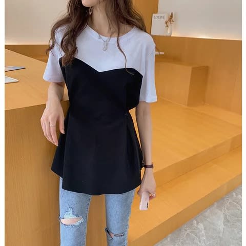 All-matching Graceful Fake Two-piece Mid-length Short-sleeved T-shirt view 3