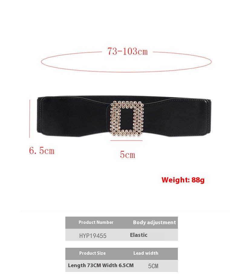 Elastic Female Black Rhinestone Square Buckle Elastic Waistband view 4