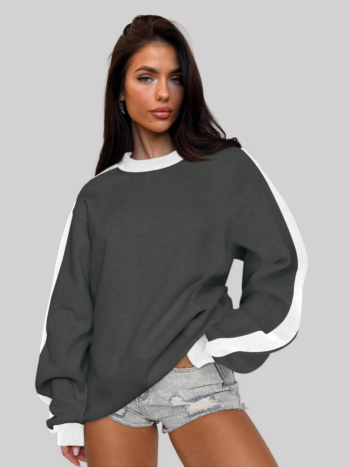 Women's Contrast Color Round Neck Loose Sweater Long-sleeved Top view 1