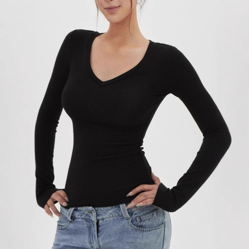 American Hot Girl Delicate V-neck Shoulder Long Sleeve T-shirt view 6