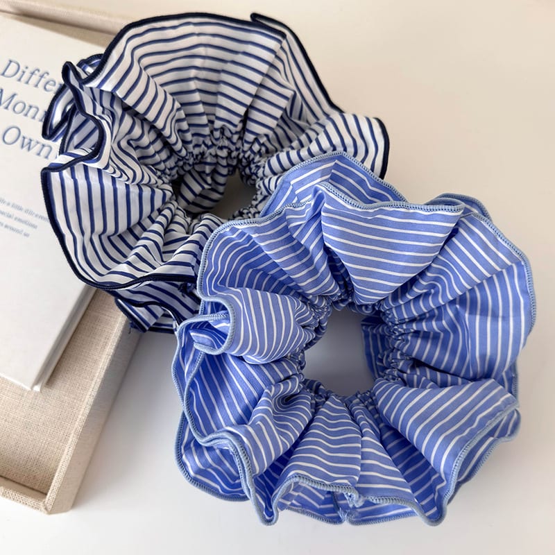 Sweet Blue Striped Double-layer Large Intestine Hair Ring All-match Hair Accessories view 3