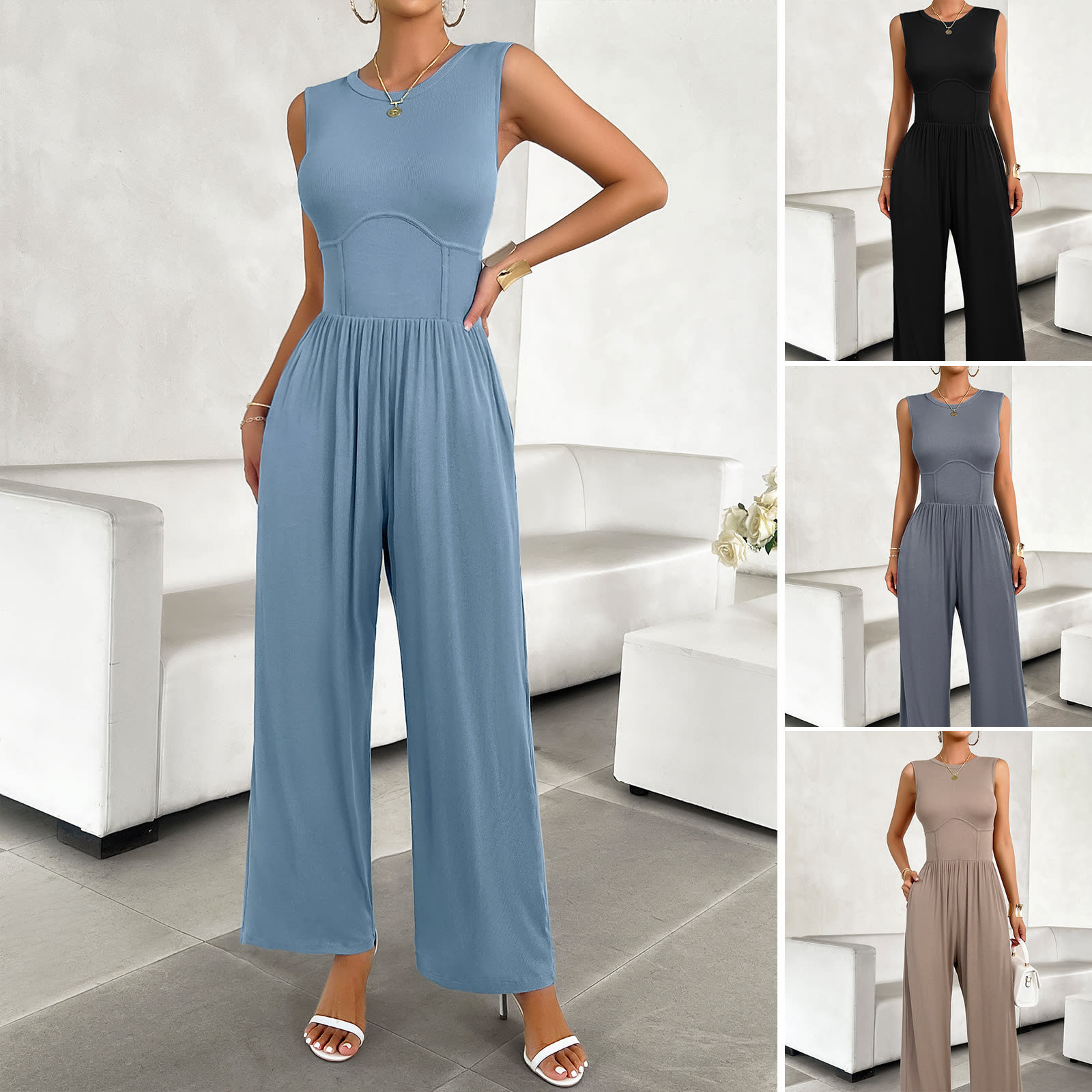 Temperament Pure Color Slim Sleeveless Jumpsuit view 6