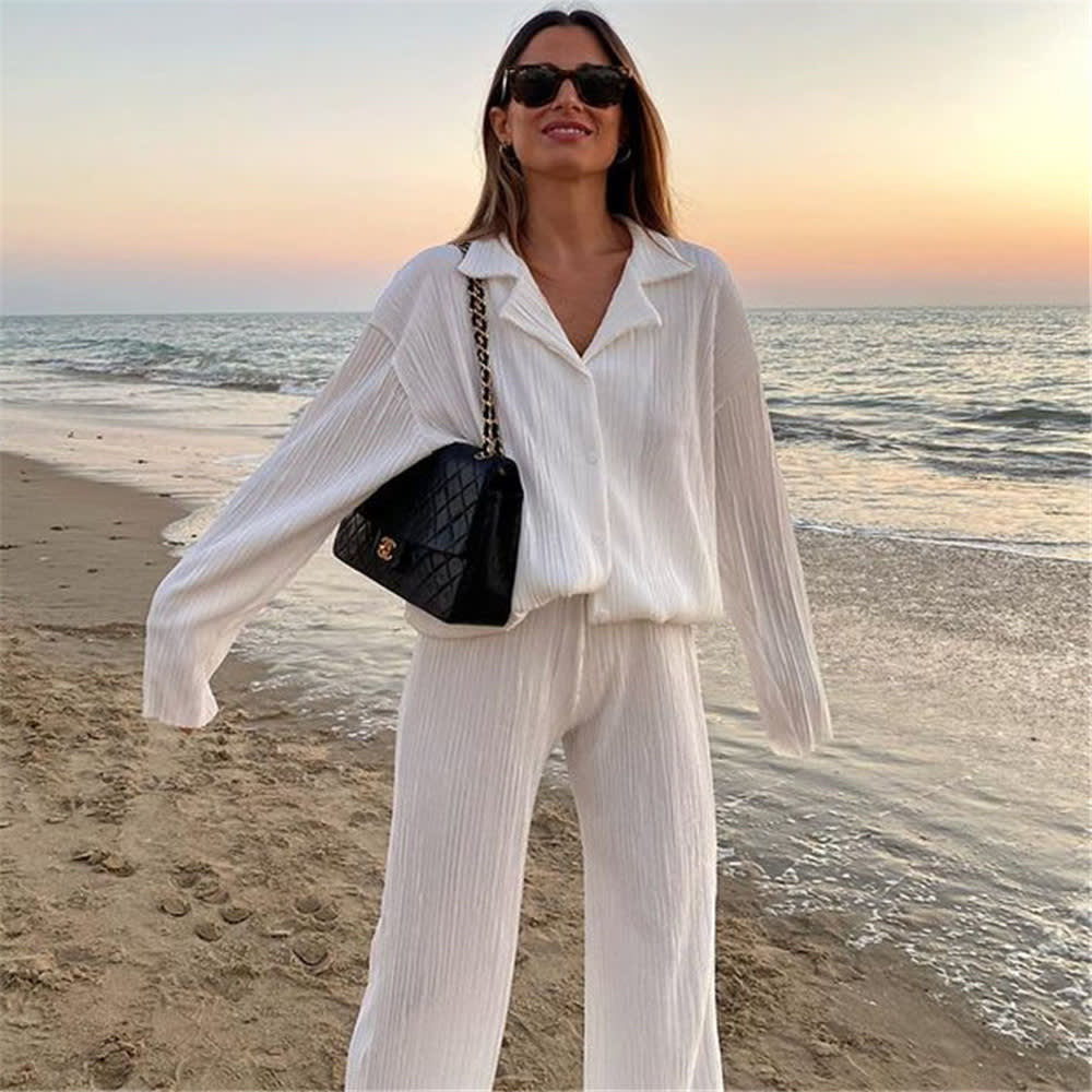 Pleated Design Shirt Outfit Straight-leg Trousers Loose Drooping Two-piece Set view 4