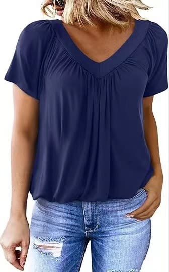 Women's Solid Color And V-neck Short-sleeved T-shirt view 4
