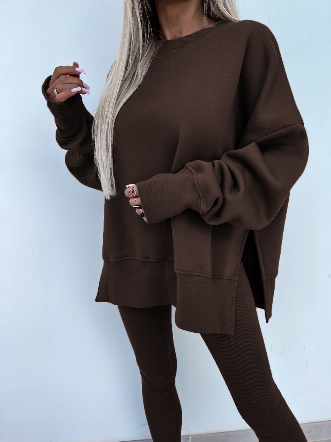 Sweater Suit Women's Casual Loose Long Sleeve Crew Neck Split Top Tight Trousers view 33