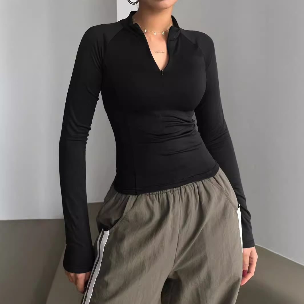 European And American Sports Style Long-sleeved T-shirt Solid Color Y2g Half-open Collar Short Top view 3