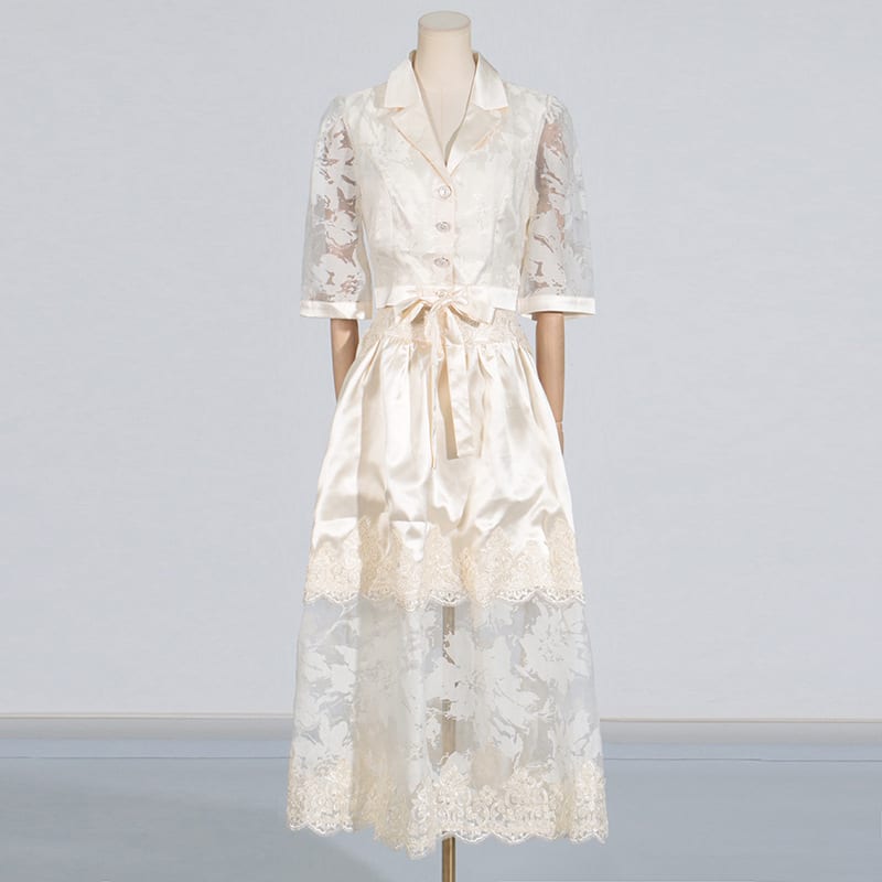 Lapel Embroidery Top High Waist Water Soluble Flower Mid-length Dress Set Female Fashion view 6