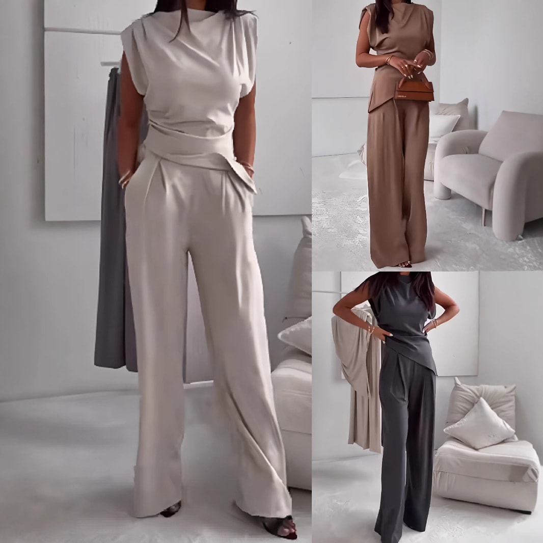 Women's Sleeveless Suit Fashion Slim Irregular Split Top And Straight Pants Solid Trouser Set view 1