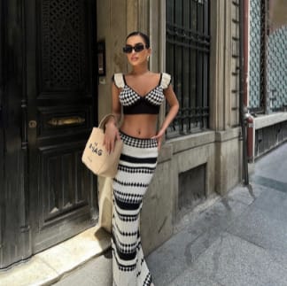 Sexy Petal Sleeve Cropped Tank Top Hip Striped Two-piece Long Dress view 4