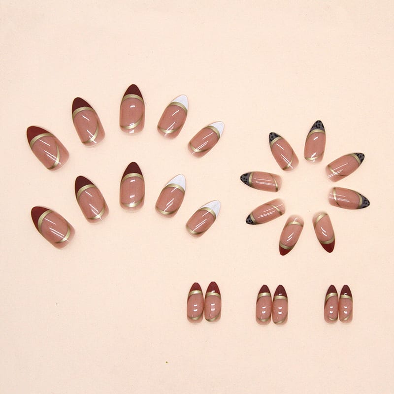 Almond Nail Shiny Gold Foil Color-blocking Leopard Print White Fake Nails view 3