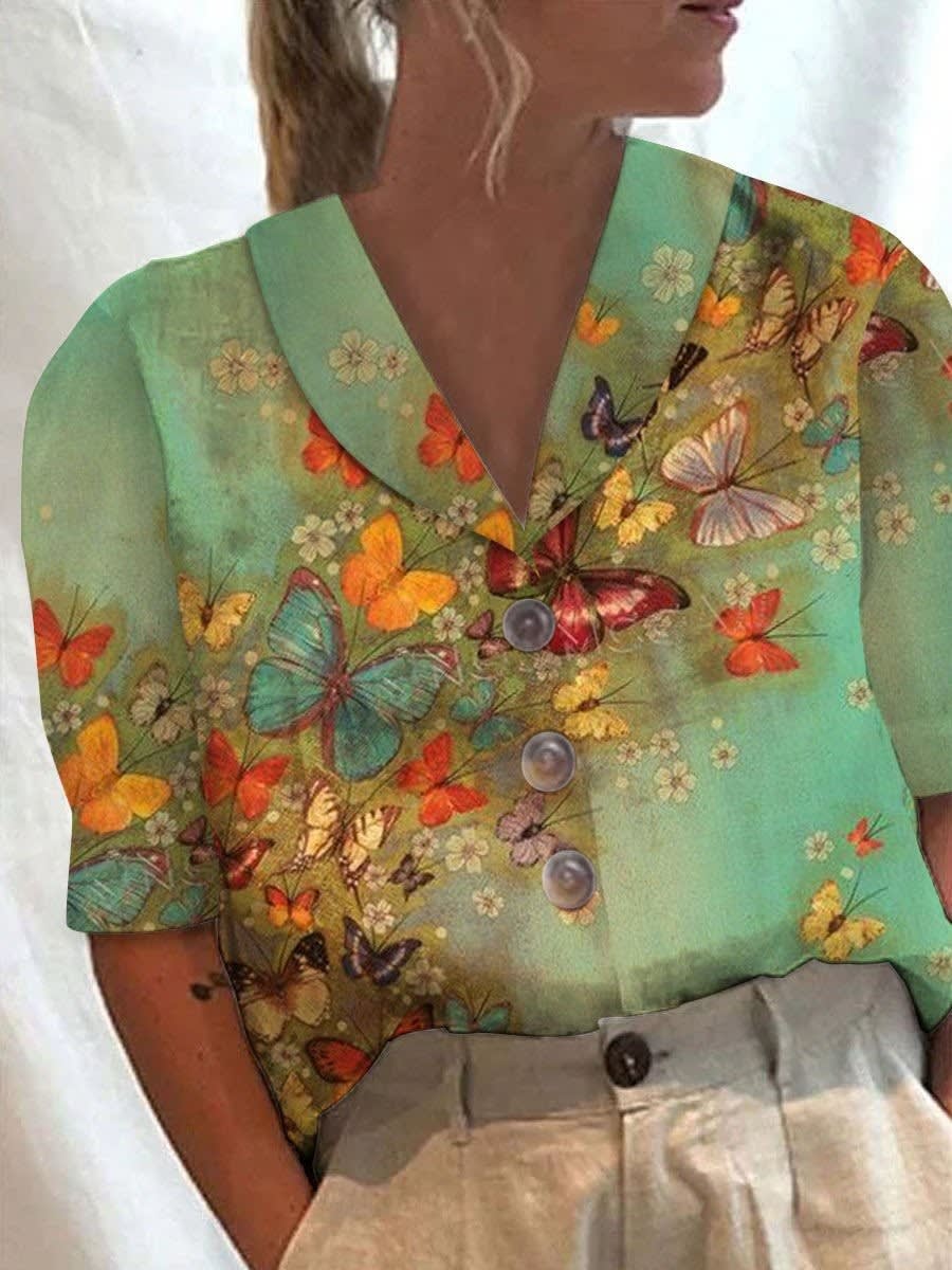 Women's Stand Collar Button Casual Half-sleeve Cotton And Linen Printed Short-sleeved Shirt view 5