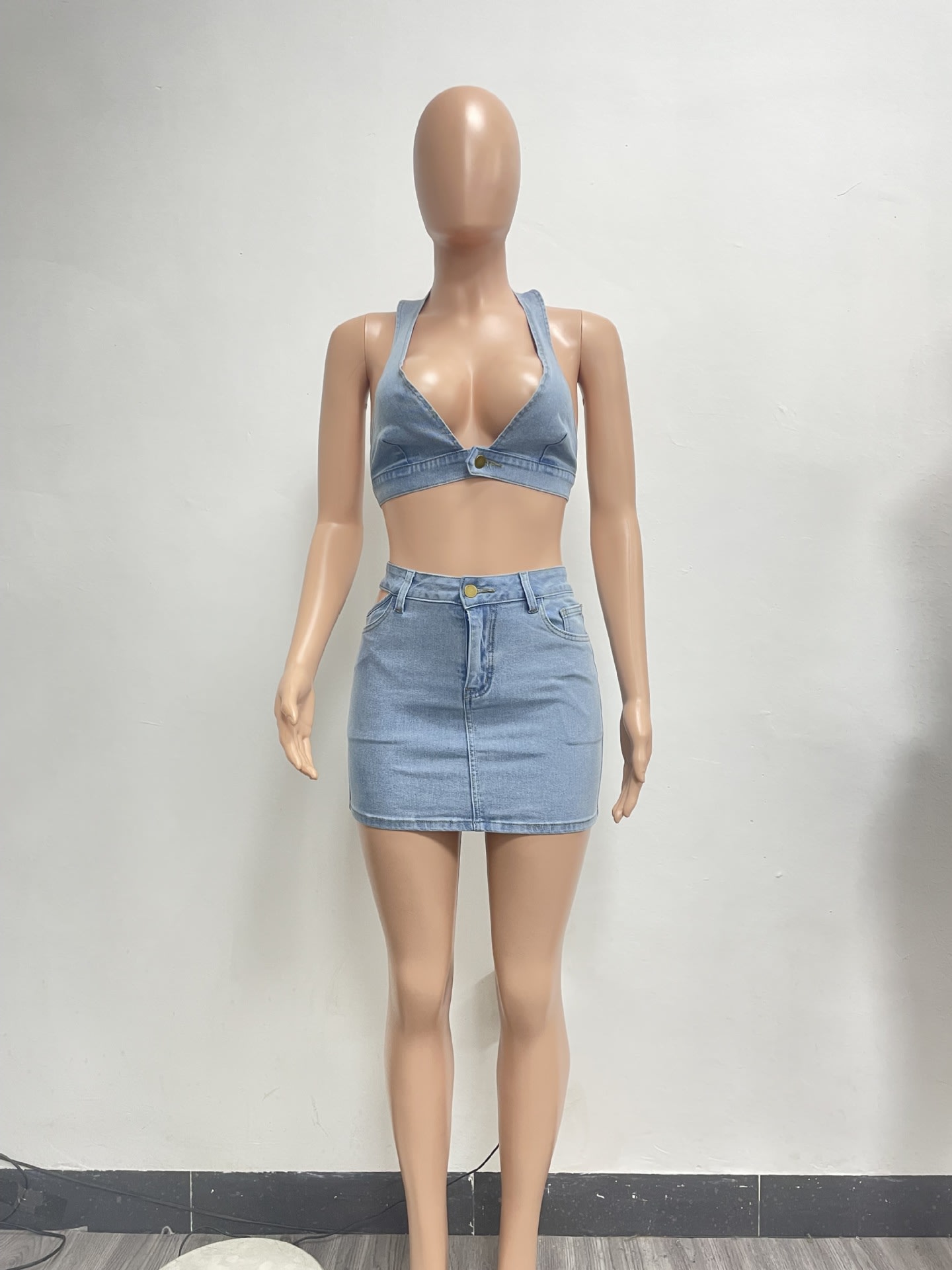 Washed Elastic Denim Casual Sexy Skirt Suit view 1
