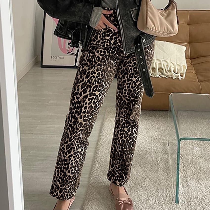 Leopard Print High Waist Straight Pants Retro Smart Trousers Women view 5