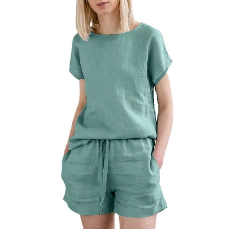 Short Sleeve Cotton Linen Retro Fashion Solid Color Top Shorts Suit view 11