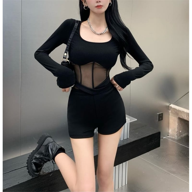 Mesh Slim Fit Sexy Hot Girl Fishbone Bottoming Shirt One-piece Scarf Detachable view 6