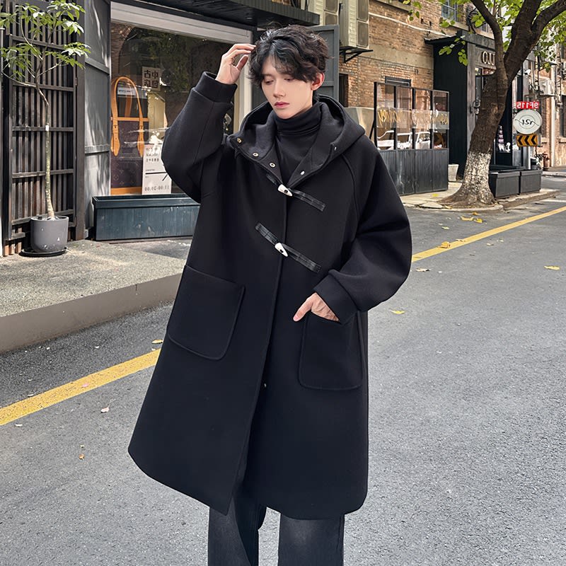 High-grade Woolen Horn Button Hooded Coat Mid-length