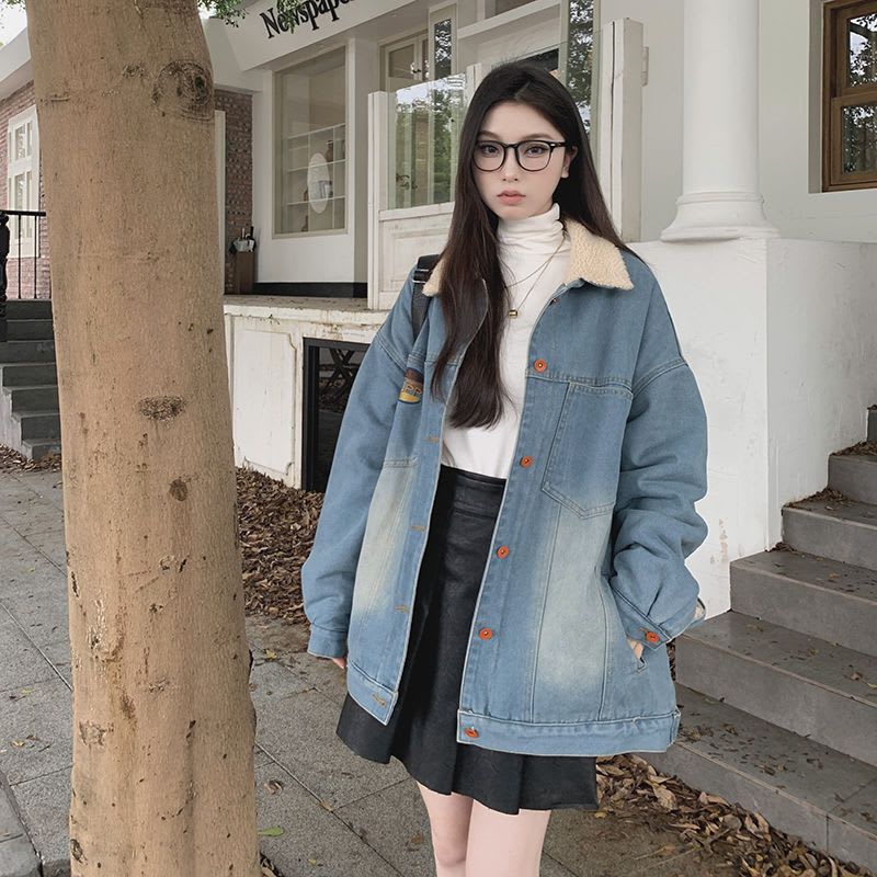 Retro Hong Kong Style Color Block Denim Coat Women's Cardigan Slimming All-matching Jacket view 5