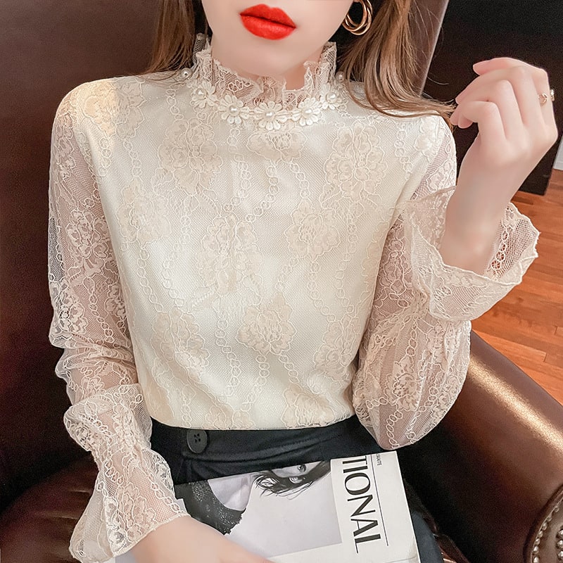 Fashion European Fleece-lined Thick Lace Bottoming Shirt Western Style Chiffon Small Shirt For Women view 3