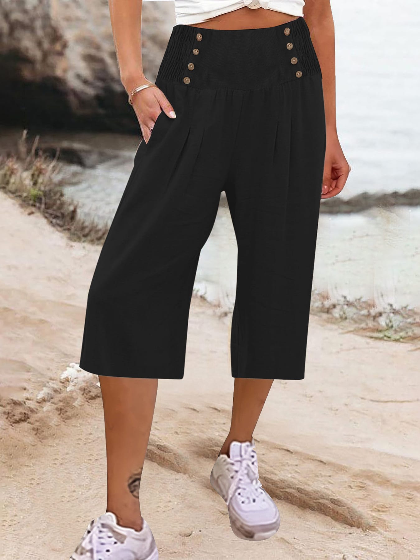 Women's Cotton And Linen Solid Color Buttons Loose Casual Cropped Pants view 17
