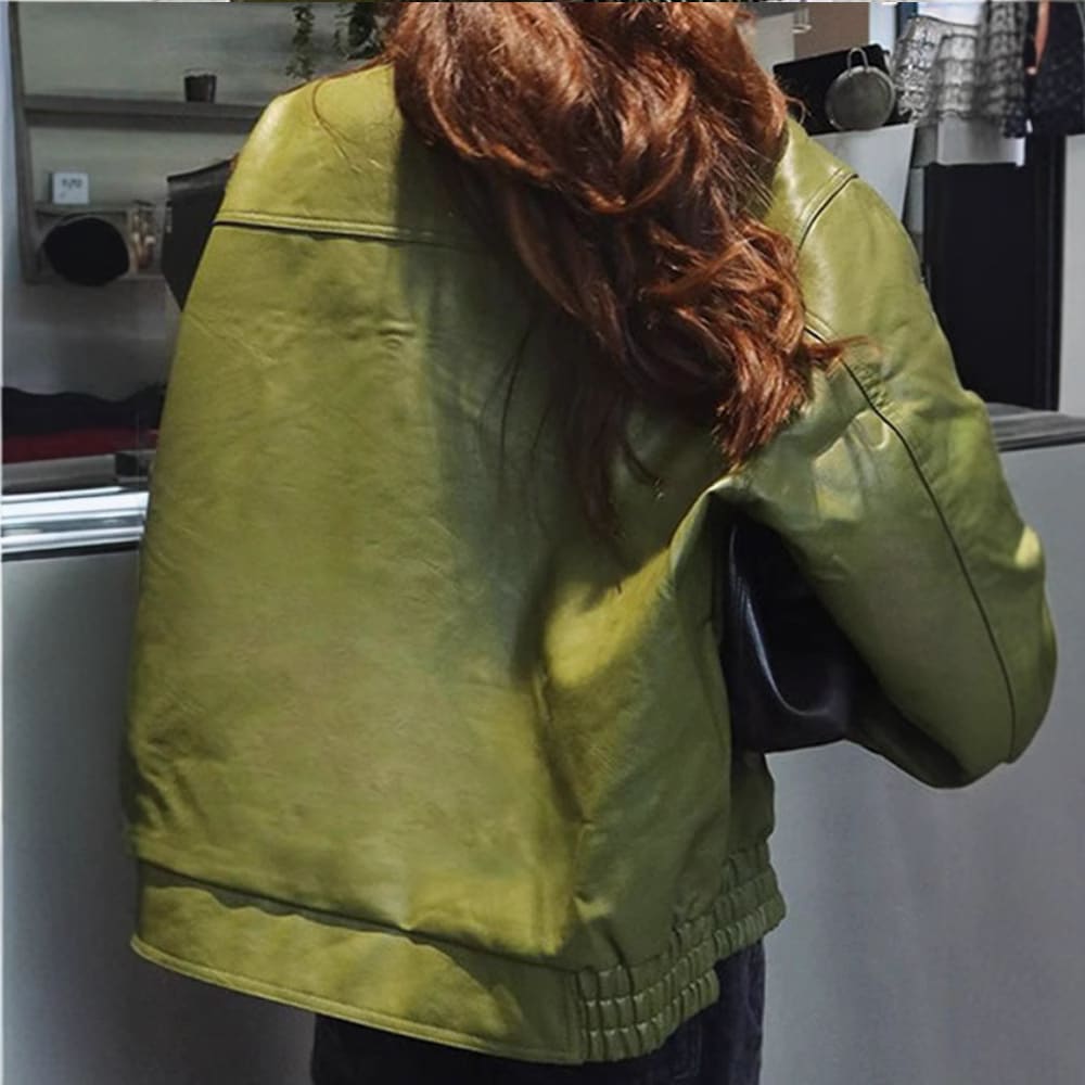 Turn-down Collar Green Leather Fashionable Jacket view 2