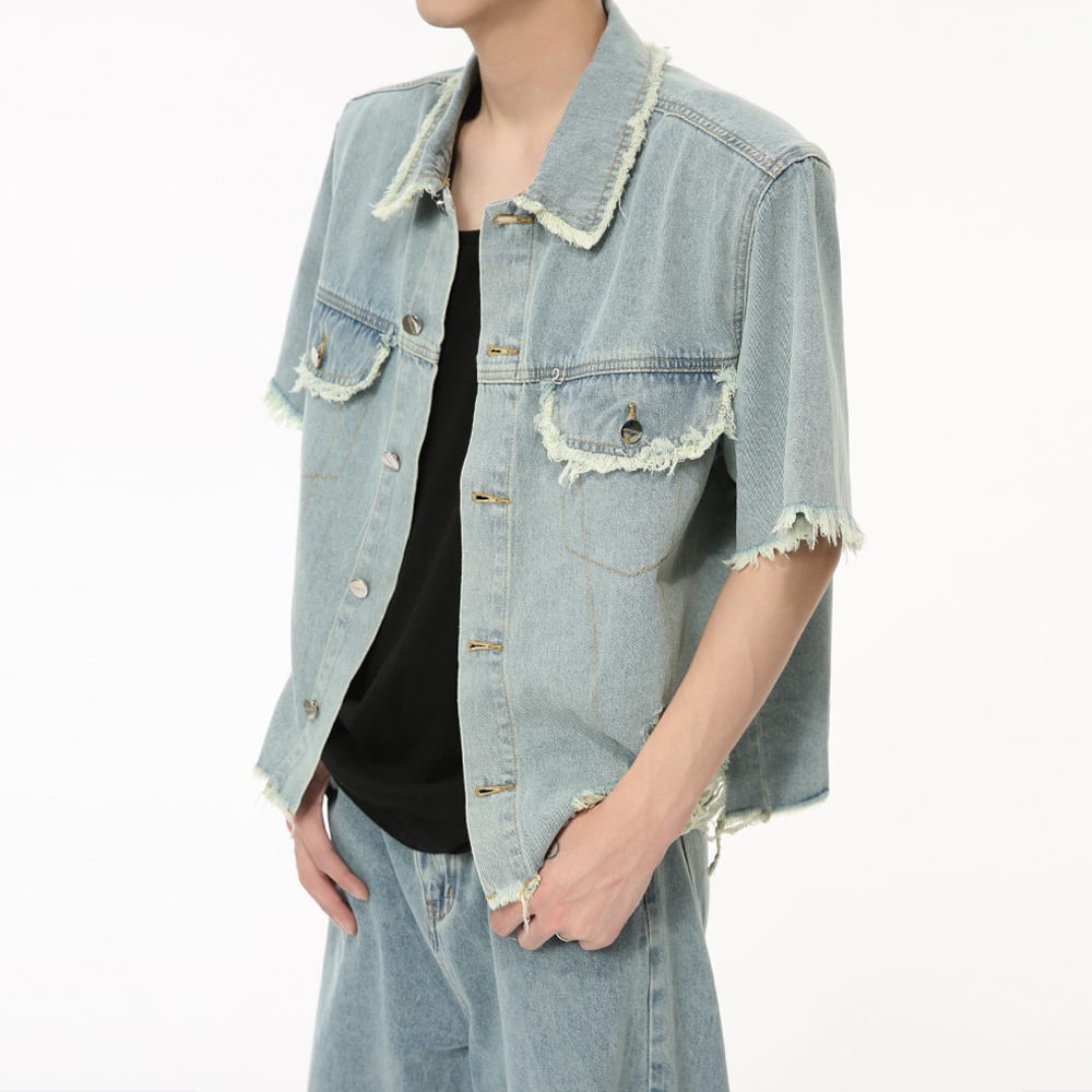 American Pu Shuai Burrs Tassels Broken Hole Design Denim Suit view 6