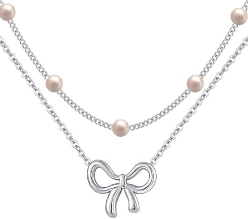 Simple Pearl Double Layer Choker Fashion Gold Color Necklaces Chain Small Bow Pendant Necklace Jewelry Gifts For Women Fashion Jewelry Valentine's Day Gifts view 5