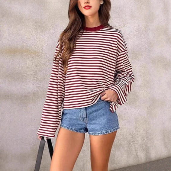 Casual Loose All-match Retro Contrast Color Striped Long-sleeved Top view 3
