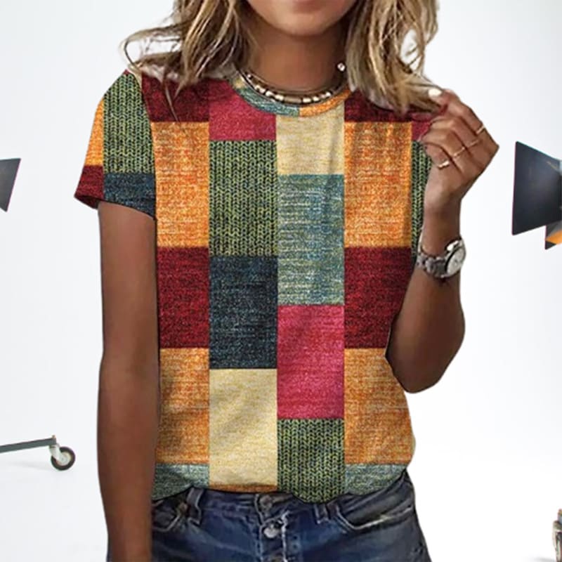 European And American Leisure Color Checkered Short Sleeve Round Neck Top view 4