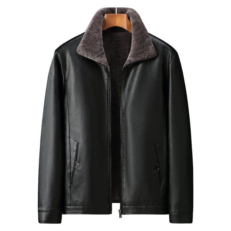 Men's Leather Coat Velvet Stand Collar view 6
