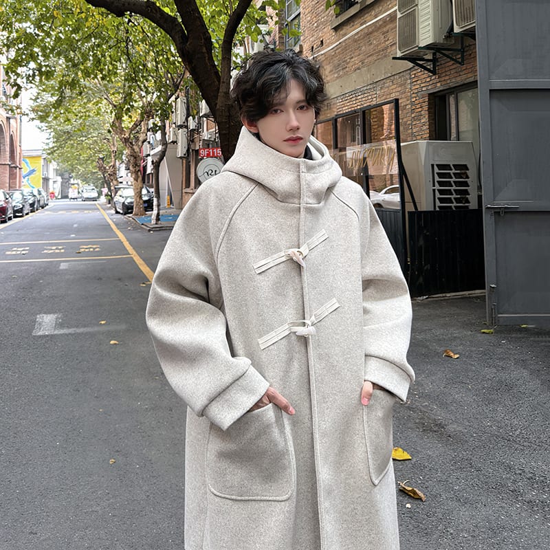 High-grade Woolen Horn Button Hooded Coat Mid-length view 4