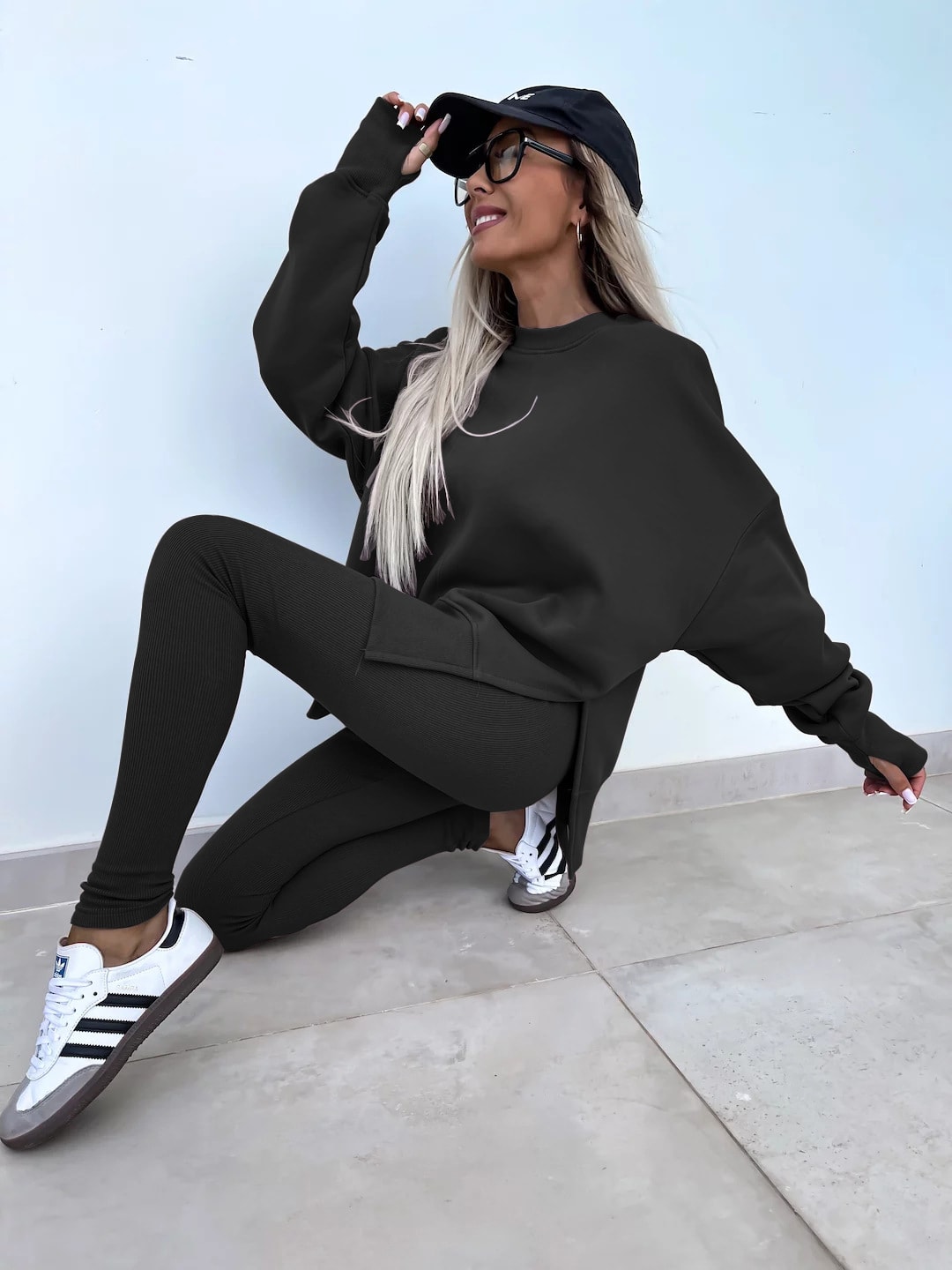 Sweater Suit Women's Casual Loose Long Sleeve Crew Neck Split Top Tight Trousers view 51