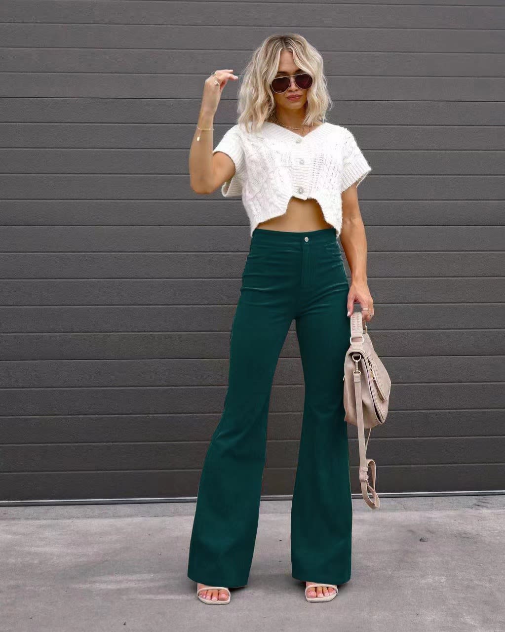Solid Color Mid-waist Slim-fit Micro Flared Pants Corduroy view 13