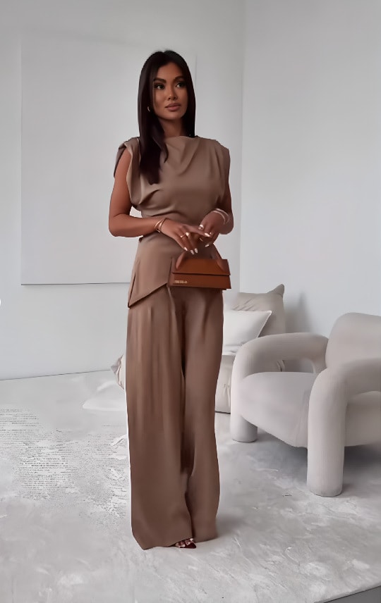 Women's Sleeveless Suit Fashion Slim Irregular Split Top And Straight Pants Solid Trouser Set view 8