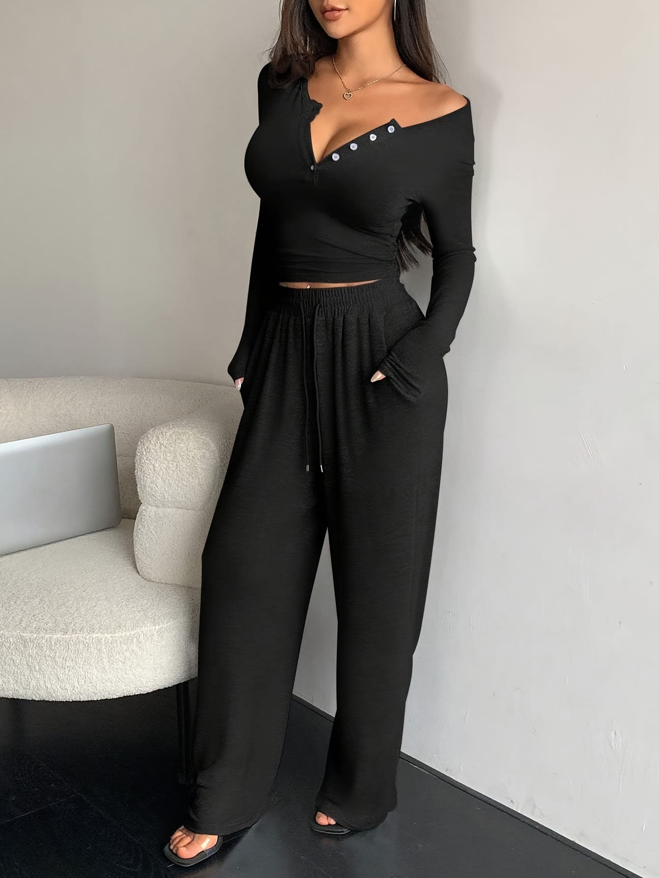 Women's Long-sleeved Button-up Solid Color Top And Trousers Two-piece Suit view 5