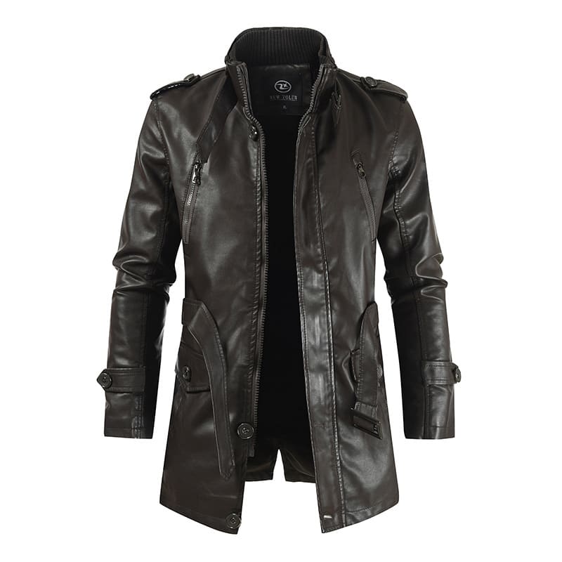 Men's Mid-length Leather Coat Stand Collar Fleece-lined Thickened view 5