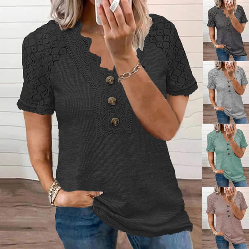 Women's V-neck Buttons Hollow Lace T-shirt view 9