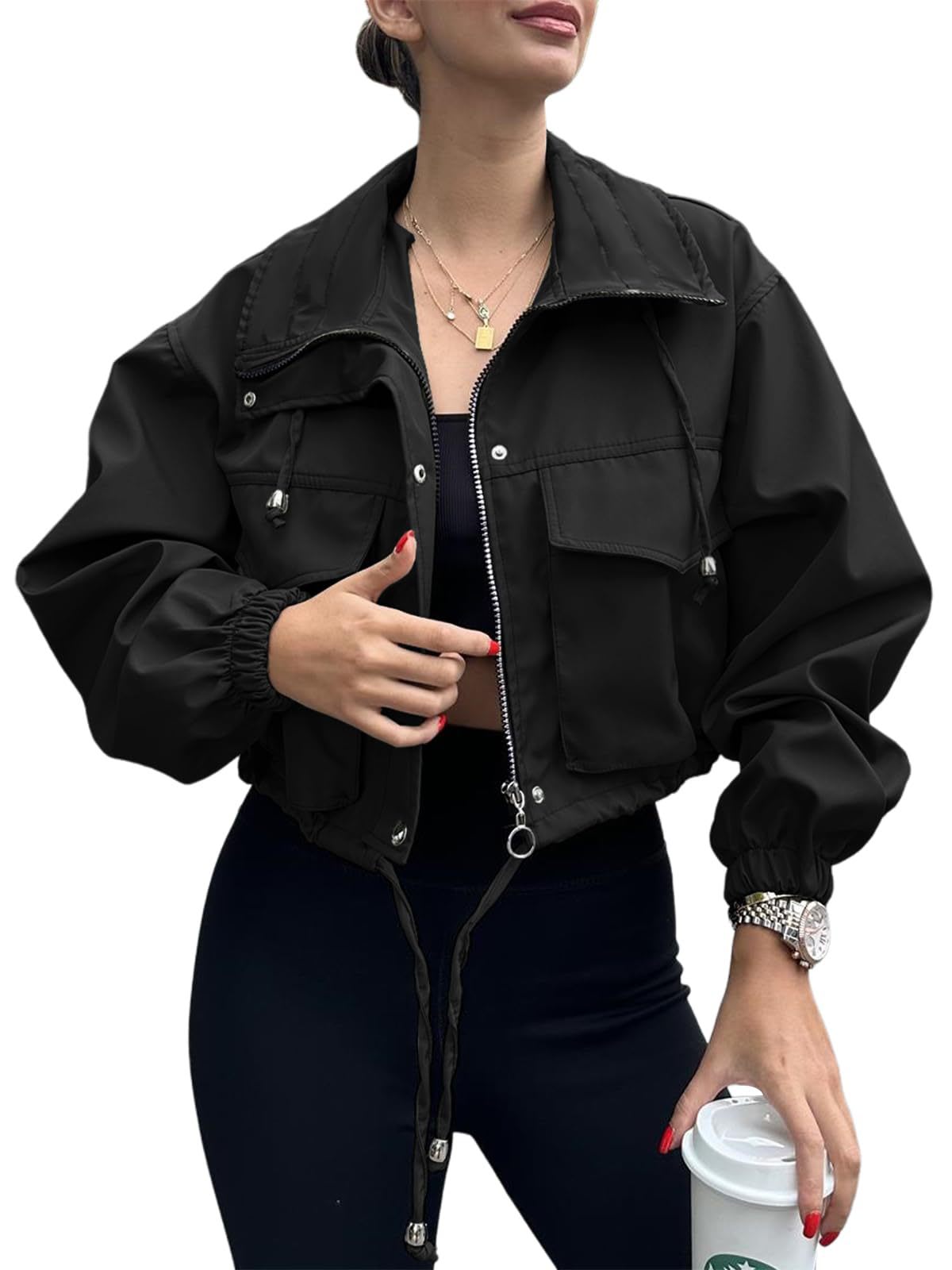 Solid Color Women's Short Jacket Zipper Trench Coat view 11
