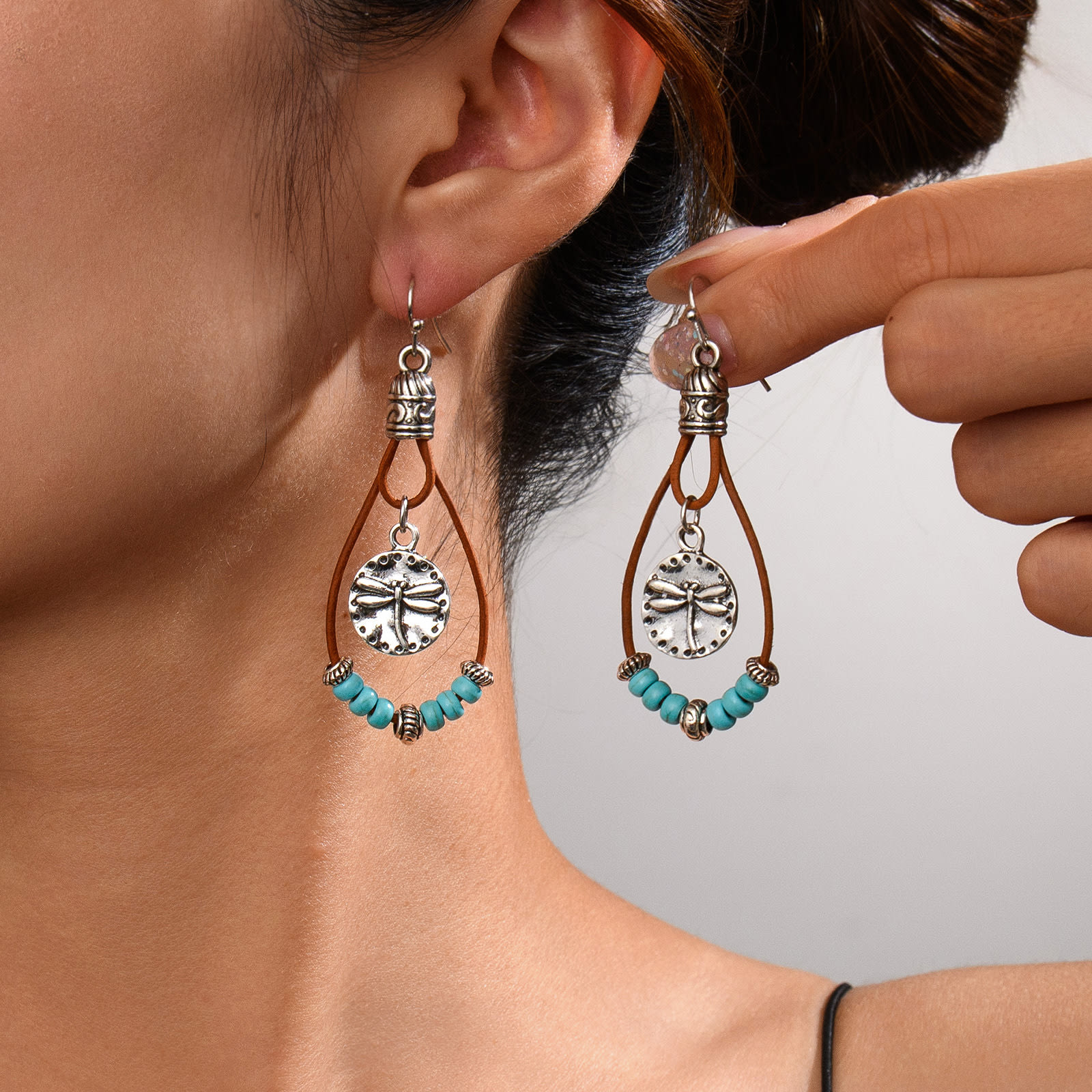 Vintage Earrings Ethnic Style Antique Silver Flower Turquoise Rope Pendant Women's Jewelry view 12