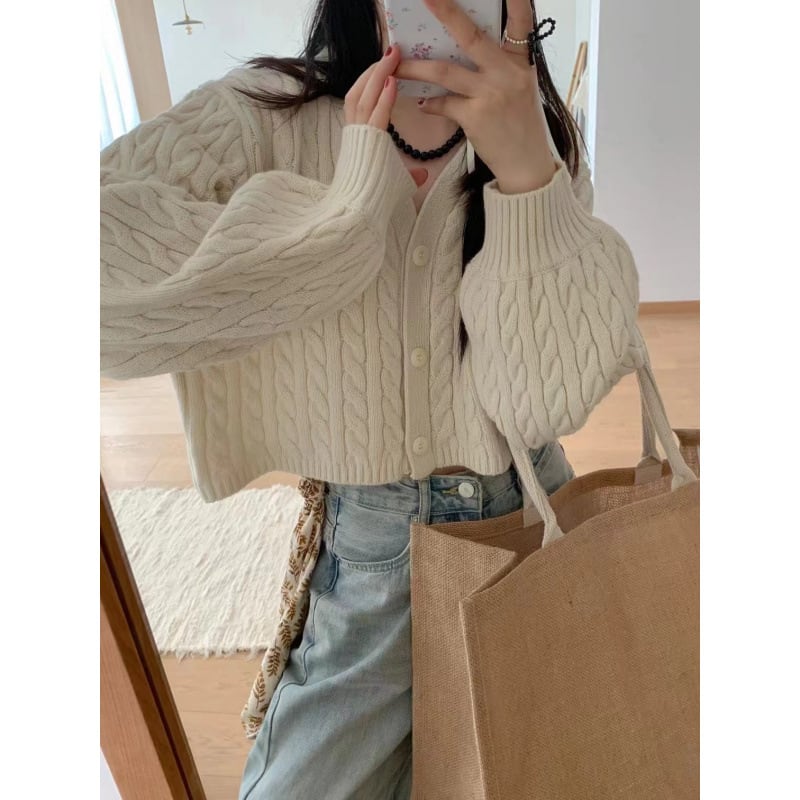 Twist Outer Wear V-neck Sweater Needle Woven Women's Cardigan view 7
