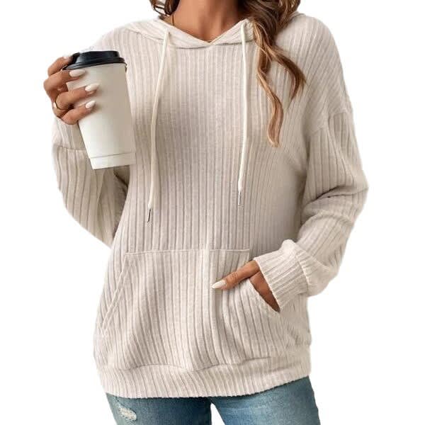 Fashion Drawstring Long-sleeved Hooded Sweatshirt With Pockets Solid Sunken Stripe Hoodie Knitwear Womens Clothing view 5