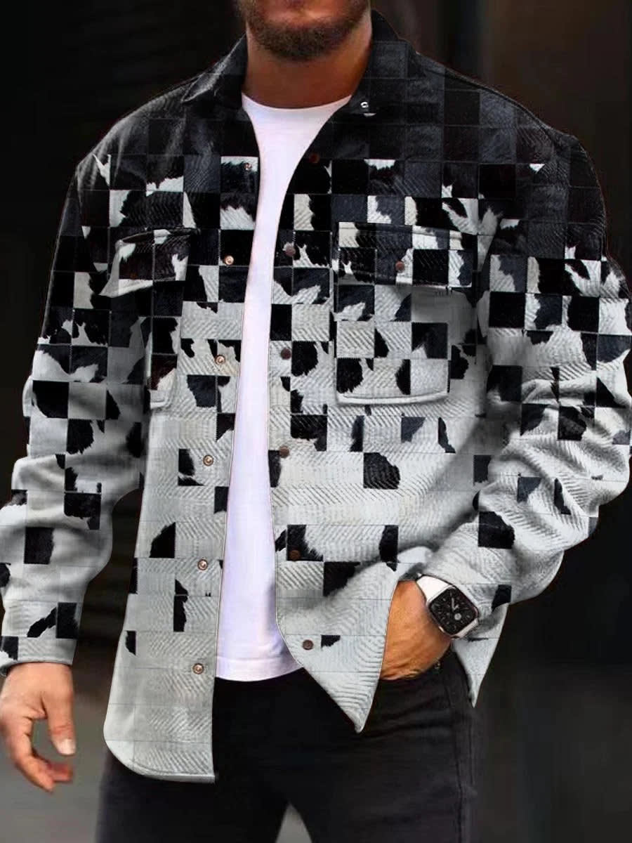Printing Lapel Men's Jacket Single-breasted Plaid Top view 10