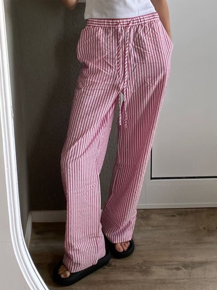 Striped Printed Elastic Waist Drawstring Pocket Straight Casual Trousers view 5
