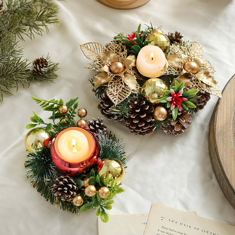 Christmas Candle Metals Candlestick Wreath Artificial Pinball Pinecone Candle Holder Fake Leaves Xmas New Year Home Table Decor view 9