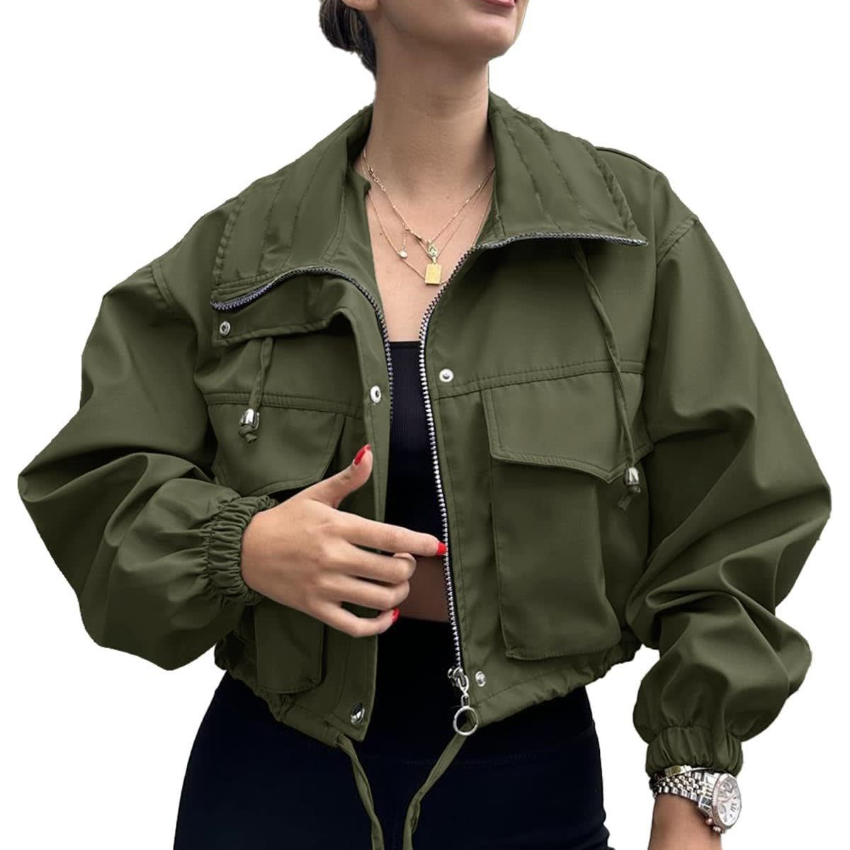 Solid Color Women's Short Jacket Zipper Trench Coat view 5