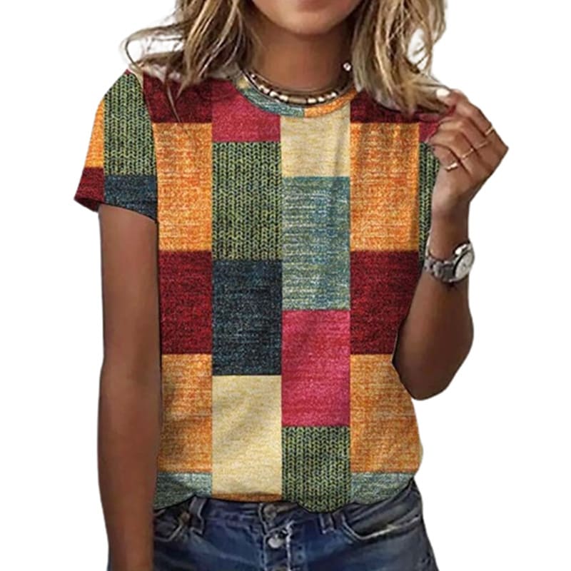 European And American Leisure Color Checkered Short Sleeve Round Neck Top view 7